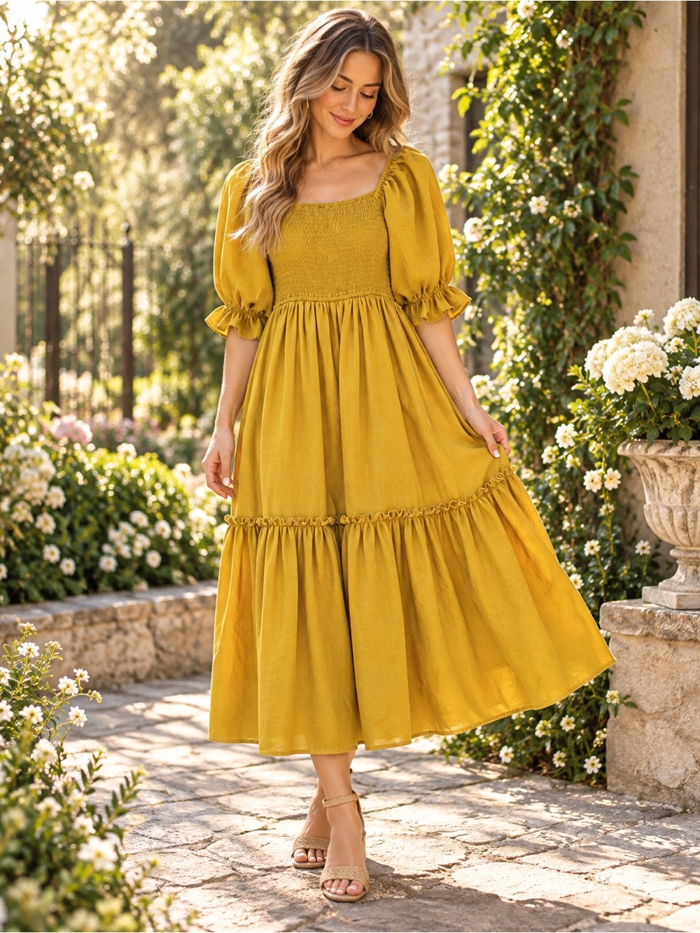 Ivy City Co Rare Lani Dress Smocked Puff Sleeve Tiered Midi Size XS